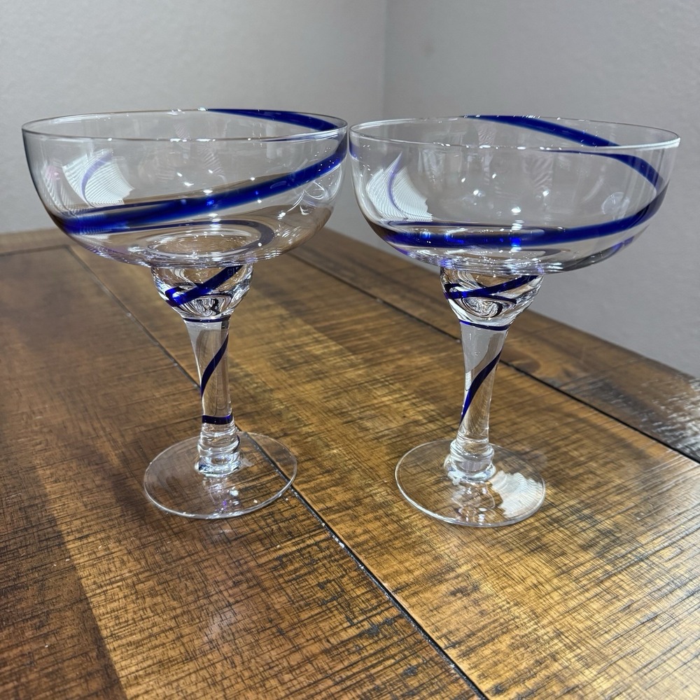 Set of 2 Vintage Pier‎ 1 Cobalt Blue Swirl Swirline Hand Blown Glass Glasses FS